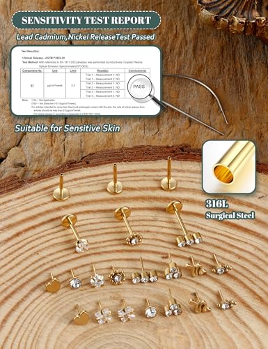 YADOCA Threadless Flat Back Earrings Hypoallergenic Nose Studs Rings for Women 14K Gold Plated 316L Surgical Steel Lip Labret Conch Medusa Cartilage Tragus Nose Piercing Jewelry 20G 18G 16G - color: Gold, size: 20G(0.8MM)