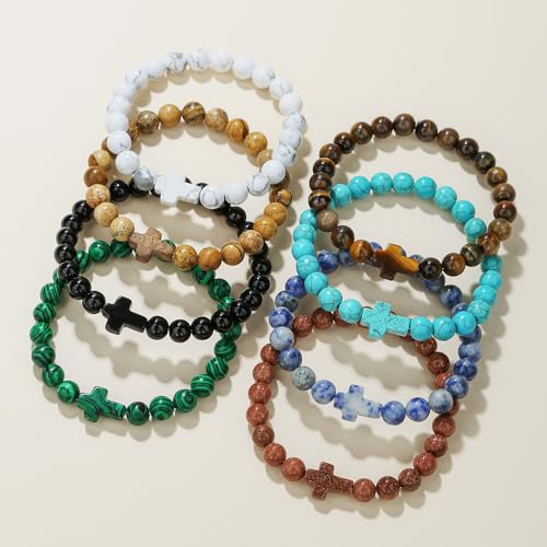 Beaded Bracelets Cross Bracelet for Women Men Lava Rock Turquoise Tiger Eye Natural Bracelet Anxiety Healing - color: 8Pcs-coloured cross