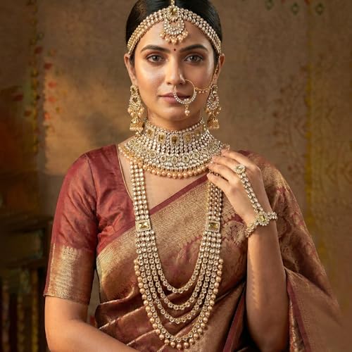 Aheli Traditional Wedding Indian Bharatanatyam jewellery set Long Choker Necklace Earrings Maang Tikka Nath Paasa Hath Phool for Women - color: Champagne