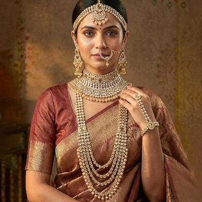 Aheli Traditional Wedding Indian Bharatanatyam jewellery set Long Choker Necklace Earrings Maang Tikka Nath Paasa Hath Phool for Women - color: Champagne