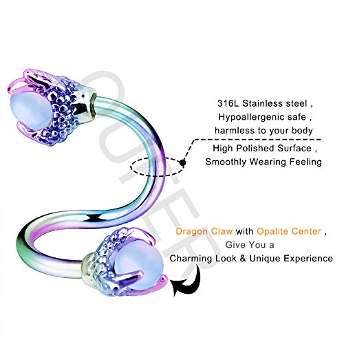 OUFER Twist Helix Earring 316L Stainless Steel Dragon Claw with Opalite Center 16G Twist Lip Labret Cartilage Upper Lobe Piercing Jewelry - color: Rainbow Opalite