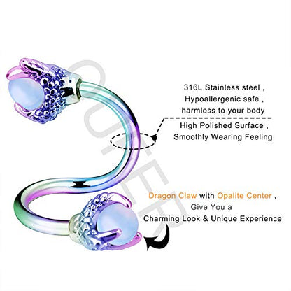 OUFER Twist Helix Earring 316L Stainless Steel Dragon Claw with Opalite Center 16G Twist Lip Labret Cartilage Upper Lobe Piercing Jewelry - color: Rainbow Opalite