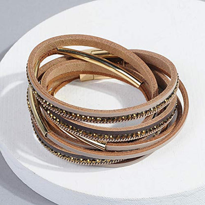 Artilady Leather Wrap Bracelet for Women, Pearl Beaded Bangle Stack Jewelry | Easy on-off, Elegant Handmade Multi-Layered, Daily Casual Date Beach Vacation, Gift for Ladies, Mother, Sister & Friend - style: Dark Brown with Gold ba