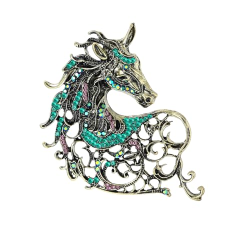 Vintage Rhinestone Horse Brooch For Women Statement Palace Style Enamel Horse Head Openwork Mane Filigree Oval Gem Accent Gold Silver Colors - color: Green