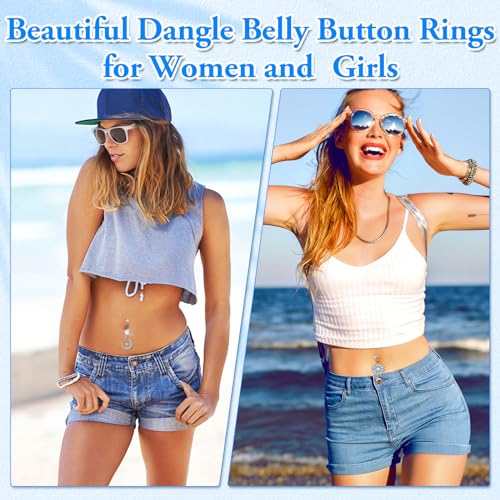 Lucomb Belly Rings for Women, 14G Belly Button Rings for Women Stainless Steel Dangle Belly Piercings Jewelry Rings with Hear Moon Butterfly Flowers - color: Silver