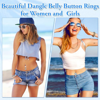 Lucomb Belly Rings for Women, 14G Belly Button Rings for Women Stainless Steel Dangle Belly Piercings Jewelry Rings with Hear Moon Butterfly Flowers - color: Silver