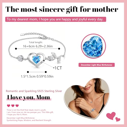 1CT Rose Heart Birthstone Bracelet for Women Love Gift - style: 03/12-Mar/Dec Light Blue Silver