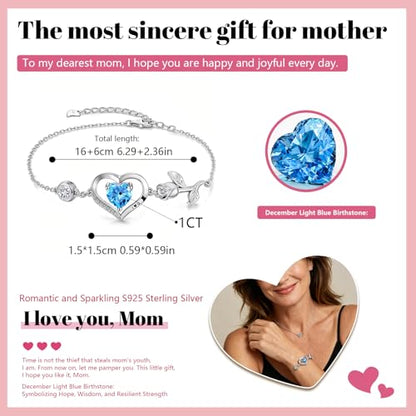 1CT Rose Heart Birthstone Bracelet for Women Love Gift - style: 03/12-Mar/Dec Light Blue Silver