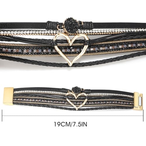 Suyi Multilayer Leather Wrap Bracelet Heart-Shape Wide Bracelets for Women - color: Black