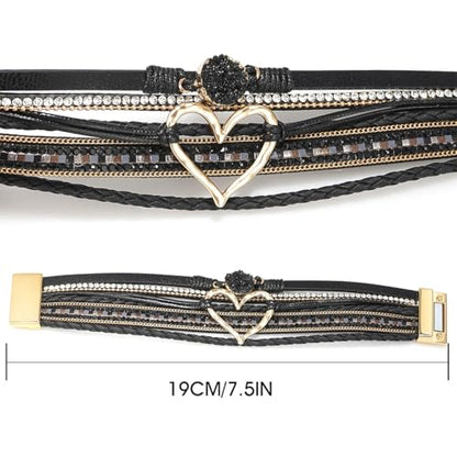 Suyi Multilayer Leather Wrap Bracelet Heart-Shape Wide Bracelets for Women - color: Black