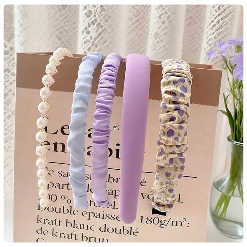 Floral Headbands for Girls,5PCS Cute Padded Pearl Headband Ladies Padded Headbands for women Vintage Wide Headband Coquette Accessories (Purple, 6.29“ x 5.11") - color: Purple