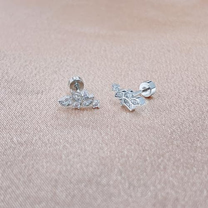 Crystal Leaf Cartilage Tiny Stud Earrings Stainless Steel Cubic Zirconia Leaves Flower Screw Flat Back Tragus Helix Studs Earring for Women Girls Men Dainty Jewelry Gifts 18G - color: Silver
