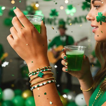 Gold Beaded Bracelets Stack for Women Stackable 14K Gold Plated Beads Ball Cross Bracelet Boho Christian Jewelry Faith Friendship Birthday Gifts for Women - color: St Patricks Day
