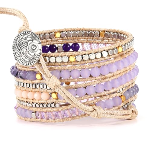 Boho 5 Wrap Bead Bracelet for Men Women - Handmade Adjustable Natural Chakras Stone Crystal Beaded Bracelets Cuff Rope Yoga Healing Bracelet Bangle Hippie Jewelry - color: Purple