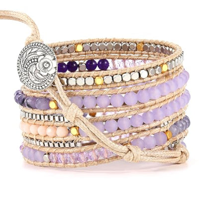 Boho 5 Wrap Bead Bracelet for Men Women - Handmade Adjustable Natural Chakras Stone Crystal Beaded Bracelets Cuff Rope Yoga Healing Bracelet Bangle Hippie Jewelry - color: Purple