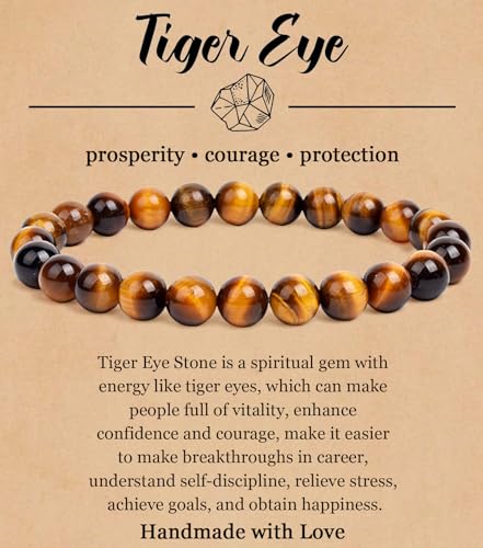 BOMAIL Natural Stone Beaded Bracelet for Women Men | 8mm Round Beads,Healing Crystal,Semi-Precious Gemstone,Yoga,Stretch,Bracelets Jewelry Gift - color: Tiger Eye Stone