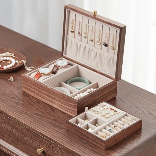 Black Walnut Wooden Jewelry Box for Women with Removable Tray | 2 Layer, Removable Tray, For Watches Rings Earrings Necklace Bracelets, Jewelry Organizer - style: 2 Layer A