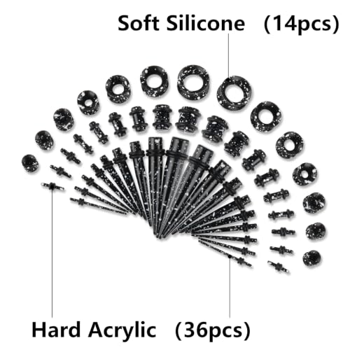 50 Pcs Ear Stretching Kit, Acrylic Gauges for Ears 14G-00G | Lightweight Tapers+ Plugs+ Silicone Tunnels, Gauge Stretching Kit, Piercing Earring Jewelry for Men, Women, Starter Expanders - color: Black & White Splatter