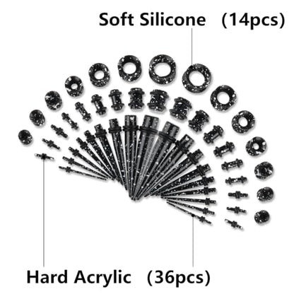 50 Pcs Ear Stretching Kit, Acrylic Gauges for Ears 14G-00G | Lightweight Tapers+ Plugs+ Silicone Tunnels, Gauge Stretching Kit, Piercing Earring Jewelry for Men, Women, Starter Expanders - color: Black & White Splatter