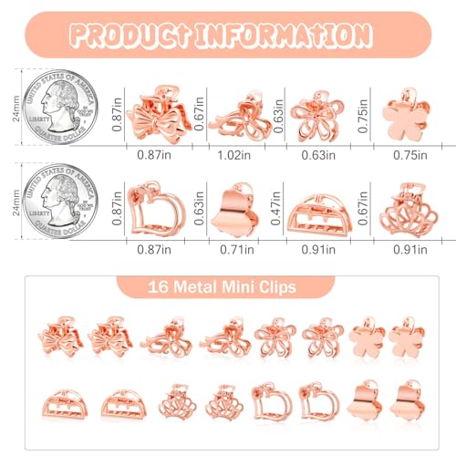 CWJCYTNSN 16PCS Small Metal Hair Claw Clips, Rose Gold Mini Hair Clips for Thin Thick Hair, Cute Tiny Hair Clips, Little Flower Hair Jaw Clamps, Nonslip Bangs Hair Accessories for Women Girls - color: Rose Gold