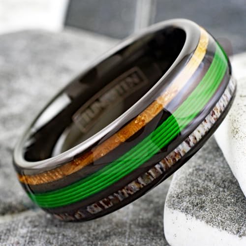 Ravishing 8mm Polished Black Tungsten Carbide Low Dome Band Ring with Green Fishing Line Between Whiskey Barrel Oak Wood and Deer Antler Inlays.