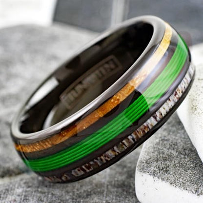 Ravishing 8mm Polished Black Tungsten Carbide Low Dome Band Ring with Green Fishing Line Between Whiskey Barrel Oak Wood and Deer Antler Inlays.
