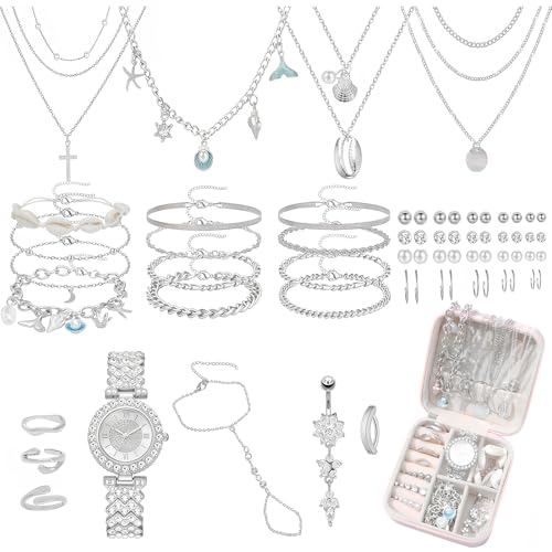 NEWITIN 88 Pieces Gold Jewelry Set for Women Fashion Bohemian Jewelry | Gold Plated Costume Jewelry, Turquoise Jewelry, Necklaces Bracelets Rings Earrings Set for Women Party Daily, Women Gifts - color: Silver