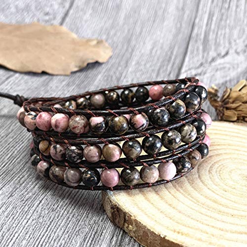Boho Wrap Bead Bracelet for Women - Handmade Adjustable Natural Stone Beaded Bracelets Yoga Healing Bracelet Bangle Hippie Jewelry - color: Black Rutile