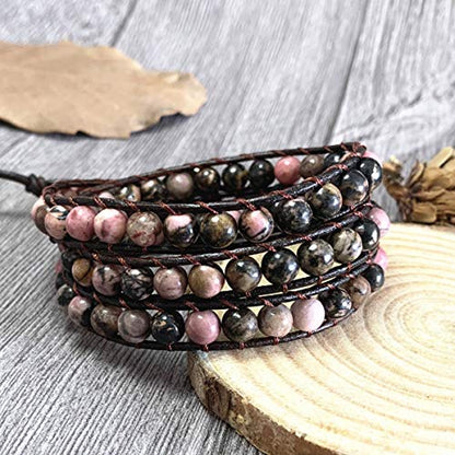 Boho Wrap Bead Bracelet for Women - Handmade Adjustable Natural Stone Beaded Bracelets Yoga Healing Bracelet Bangle Hippie Jewelry - color: Black Rutile