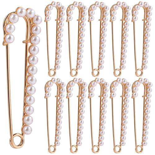 10 Pack Faux Pearl Safety Pins Sweater Shawl Clip Brooches for Sewing Clothes (Gold)