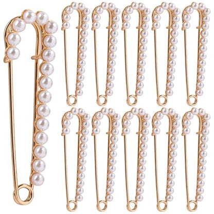10 Pack Faux Pearl Safety Pins Sweater Shawl Clip Brooches for Sewing Clothes (Gold)