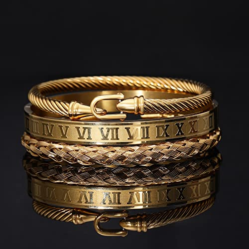 WFYOU 3PCS Stainless Steel Imperial Crown Bracelets for Men Gold Roman Numeral Bangle Bracelet Adjustable Cuff Bracelet Mens Luxury Jewelry Gifts - style: 07:Gold-Hook