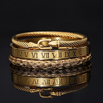 WFYOU 3PCS Stainless Steel Imperial Crown Bracelets for Men Gold Roman Numeral Bangle Bracelet Adjustable Cuff Bracelet Mens Luxury Jewelry Gifts - style: 07:Gold-Hook