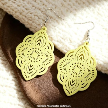 Boho Black Filigree Dangle Earrings for Women, Lightweight Hollow Lace Drop, Wood, 3.34" x 1.69", Bohemian Jewelry - color: Light Green