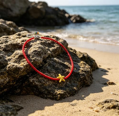 Seed Bead Choker Necklace for Women Bohemian Tiny Beads Choker Colorful Rice Bead Starfish Choker Summer Surfer Beach Necklace Jewelry Gift - color: Red