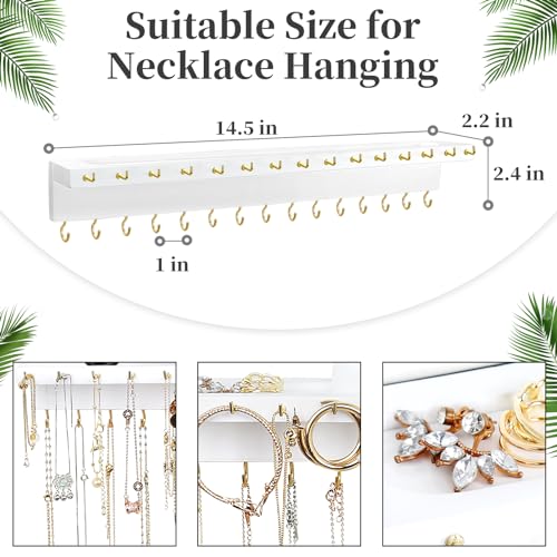 YYILIS Necklace Holder, Upgraded Extra Large Wall Necklace Organizer | 30 Hooks Wall Mounted Necklace Hanger with Jewelry Tray / Cosmetics Shelf Rustic Pine Wood Holder (White) - color: White