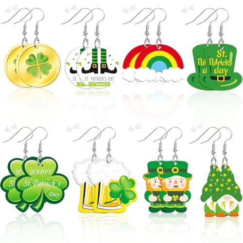 8 Pairs St Patricks Day Acrylic Earrings for Women | Shamrock Clover Dangle Earrings, Ireland St Patricks Day Gifts Parade Party Accessory, Lightweight Acrylic, Double Side - style: St Patrick's Day