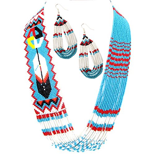 Handmade Beaded Indian Necklace,Inspired by Native American Style Long Necklace Earrings Set,One of a Kind beaded Necklace for Women,Perfect for Occasions, Gifts - color: Turq