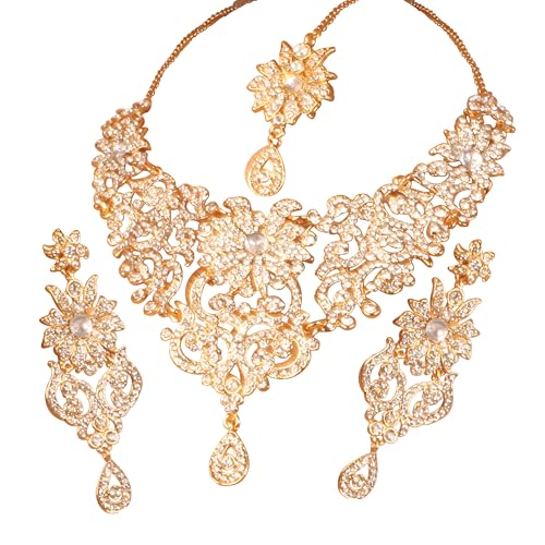 Touchstone Indian Jewelry Sets for Women Bollywood Wedding Bridal Necklace desi Earrings Formal Fancy Rhinestone India Designer Jewellery Punjabi Tikka Set in Antique Gold or Silver or White Tone - color: 1 Gold