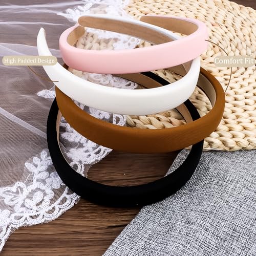 Headbands for Women Non Slip Thick Padded Black White Pink Brown Headband Cute Fabric Sofa Headbands for Girls Wide Head Bands for Women's Hair Summer Short Hair Accessories for Girls 4PCS