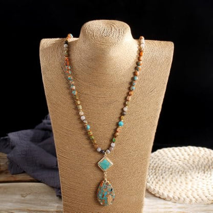 Yomisa Long Necklaces for Women Trendy, 33/34/35 inch | Boho Beaded Necklaces for Women, Natural Stone Pendant, Handmade Knotted Bead, Bohemian Holiday Summer Western Charm Jewelry - color: 35inch-Orange&Blue