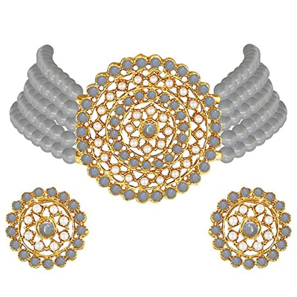 Aheli Pearl Diamond Choker Necklace & Round Earrings Gift for Women Indian Traditional Bollywood Fashion Bharatanatyam jewellery set - color: Grey