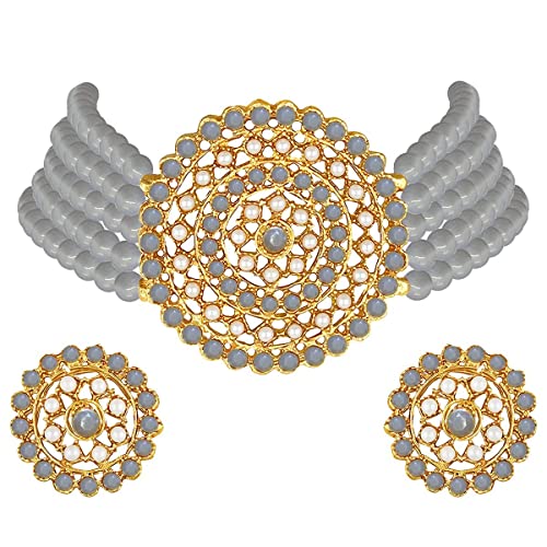 Aheli Pearl Diamond Choker Necklace & Round Earrings Gift for Women Indian Traditional Bollywood Fashion Bharatanatyam jewellery set - color: Grey