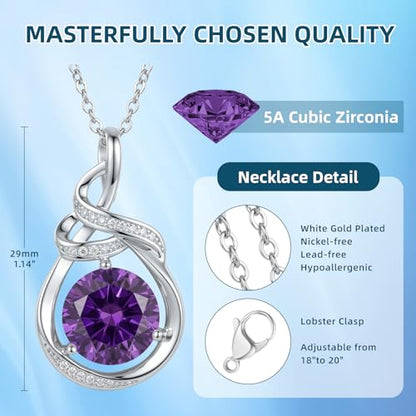 Teardrop Birthstone Necklace for Women 14K Gold/White Gold Elegant Ribbon Pendent Anniversary Love Birthday Gifts for Mom Women, 18"+2" Inches - color: White Gold-02-Feb Birthstone