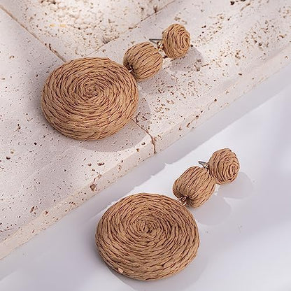 Statement Raffia Boho Round Dangle Ball Earrings - Cute Handmade Summer Bohemian Dangling Jewelry for Women - color: Wheat