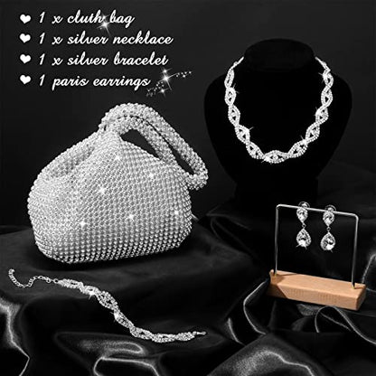 4 Pcs Silver Clutch Purse Jewelry Set for Women Rave Accessories Evening Rhinestone Purse Silver for Bride Wedding - style: Fresh Style