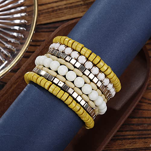 LUREME Boho Multi Strand Stackable Stretch Bracelet Set Wooden Cube Alloy Bead Bangle bl003172 - color: Yellow