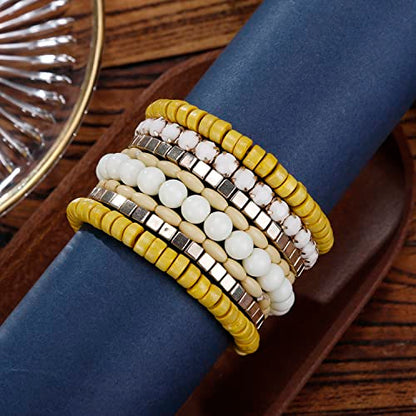 LUREME Boho Multi Strand Stackable Stretch Bracelet Set Wooden Cube Alloy Bead Bangle bl003172 - color: Yellow