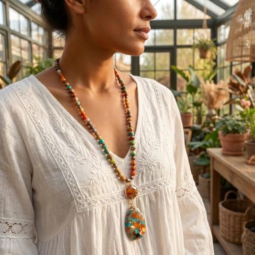 Gmai Boho Necklace for Women Long Beaded Pendant Necklace Natural Stone Teardrop pendant Jewelry Festival Vacation Gift Everyday Handmade Unique Statement Necklace - color: orange