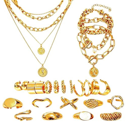 25 PCS Gold-Tone Jewelry Set for Women - 1 Layered Necklaces, 3 Stackable Bracelets, 6 Pairs Earrings, 9 Knuckle Rings, Trendy Gold Plated Layering Jewelry Set for Women Gift